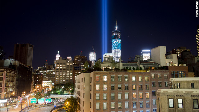 New York's "Tribute in Light" for the victims of the 9/11 terrorist attacks shines into the sky over Manhattan on Monday, September 10.