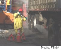 Photo of truck being washed to control the spread of dust.